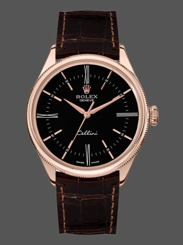 Rolex Cellini Time 50505 Brown Leather Strap Black Dial 39mm Mens Replica Watch - Image 1