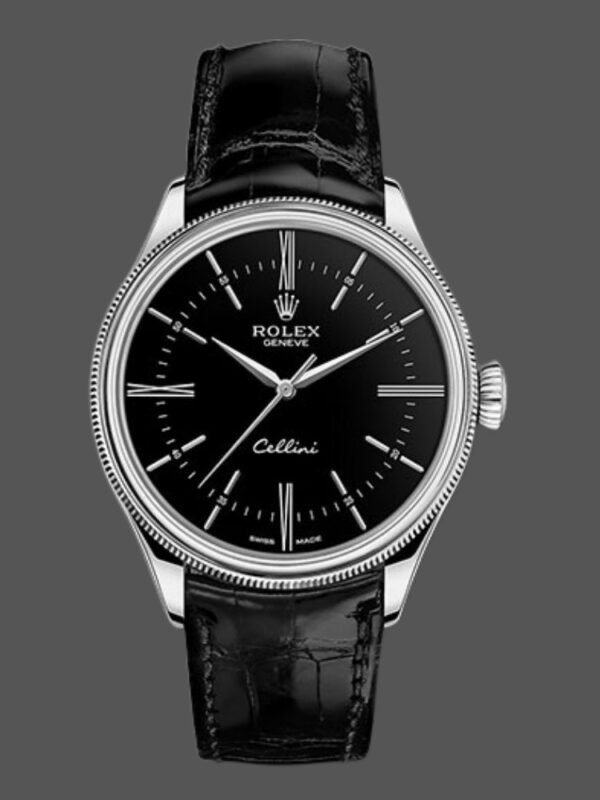 Rolex Cellini Time 50509 Black Leather Strap Black Dial 39mm Mens Replica Watch - Image 1