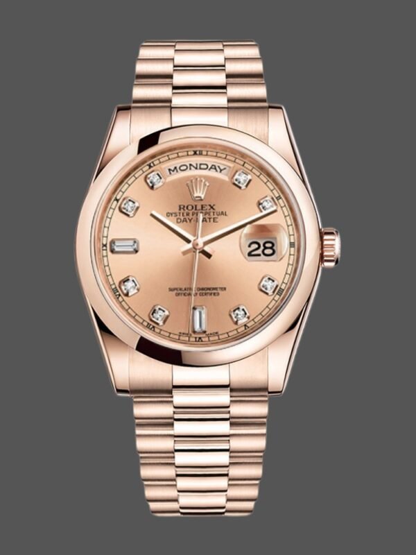 Rolex Day-Date 118205 Rose Gold Champagne Diamond Dial 36mm Unisex Replica Watch - Image 1