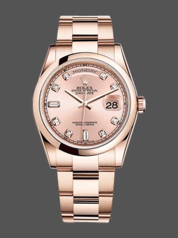 Rolex Day-Date 118205 Rose Gold Pink Diamond Dial 36mm Unisex Replica Watch - Image 1
