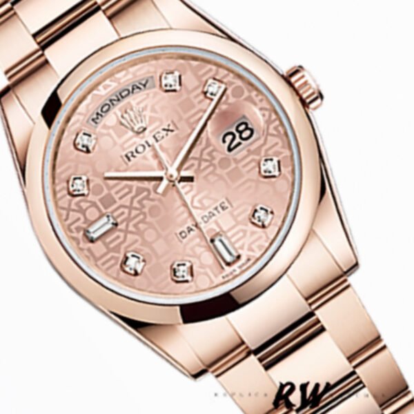 Rolex Day-Date 118205 Rose Gold Pink Jubilee Diamond Dial 36mm Unisex Replica Watch - Image 2
