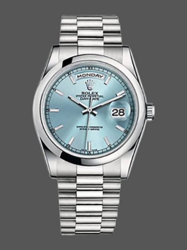 Rolex Day-Date 118206 Ice Blue Dial Polished Platinum Bezel 36mm Unisex Replica Watch - Image 1