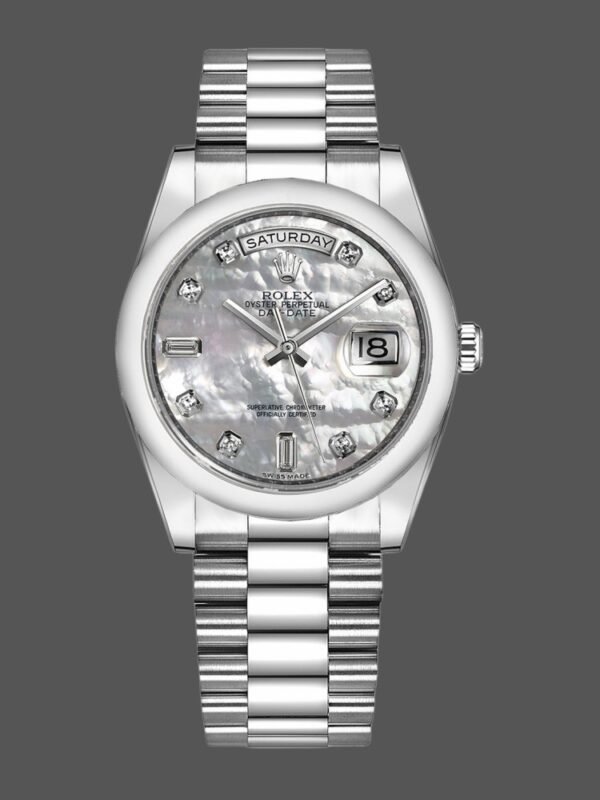 Rolex Day-Date 118206 Platinum White Mother of Pearl Diamond Dial 36mm Unisex Replica Watch - Image 1