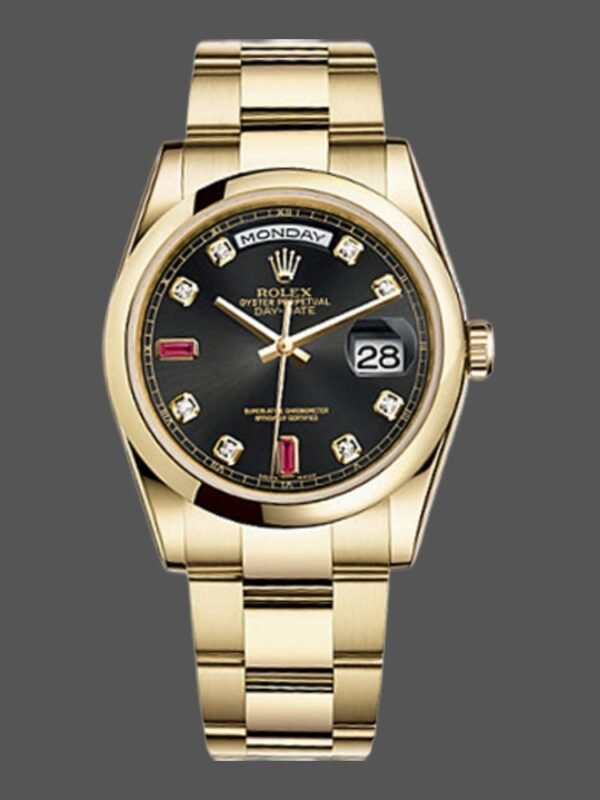 Rolex Day-Date 118208 Black Diamond Dial Yellow Gold case 36mm Unisex Replica Watch - Image 1