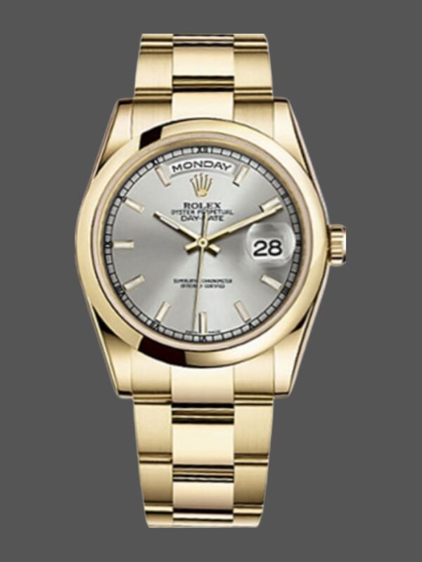 Rolex Day-Date 118208 Silver Dial Yellow Gold 36mm Unisex Replica Watch - Image 1