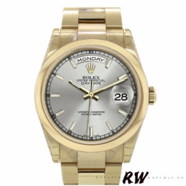 Rolex Day-Date 118208 Silver Dial Yellow Gold 36mm Unisex Replica Watch - Image 2