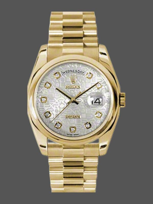 Rolex Day-Date 118208 Silver Diamond Jubilee Dial Yellow Gold 36mm Unisex Replica Watch - Image 1