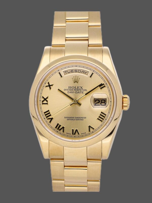 Rolex Day-Date 118208 Yellow Gold Champagne Dial Roman Numerals 36mm Unisex Replica Watch - Image 1