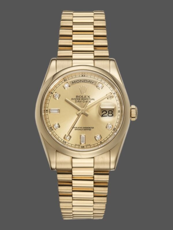 Rolex Day-Date 118208 Yellow Gold Champagne Diamond Dial 36mm Unisex Replica Watch - Image 1