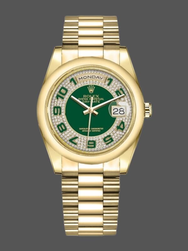 Rolex Day-Date 118208 Yellow Gold Green Diamond Paved Arabic Dial 36mm Unisex Replica Watch - Image 1