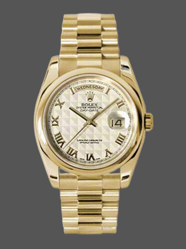 Rolex Day-Date 118208 Yellow Gold Roman Numeral Pyramid Ivory Dial 36mm Unisex Replica Watch - Image 1