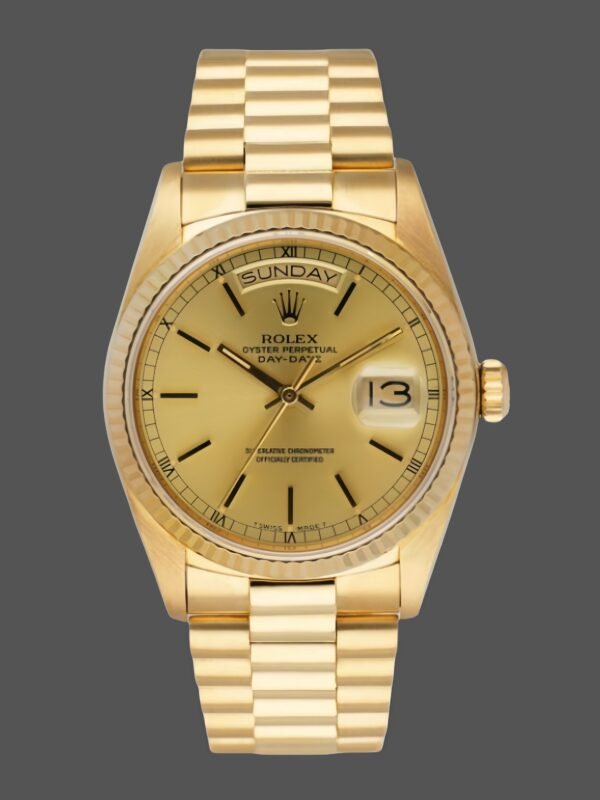 Rolex Day-Date 118208 champagne dial with gold indexes Yellow Gold 36mm Unisex Replica Watch - Image 1