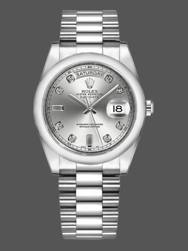 Rolex Day-Date 118209 White Gold Silver Diamond Dial Automatic 36mm Unisex Replica Watch - Image 1