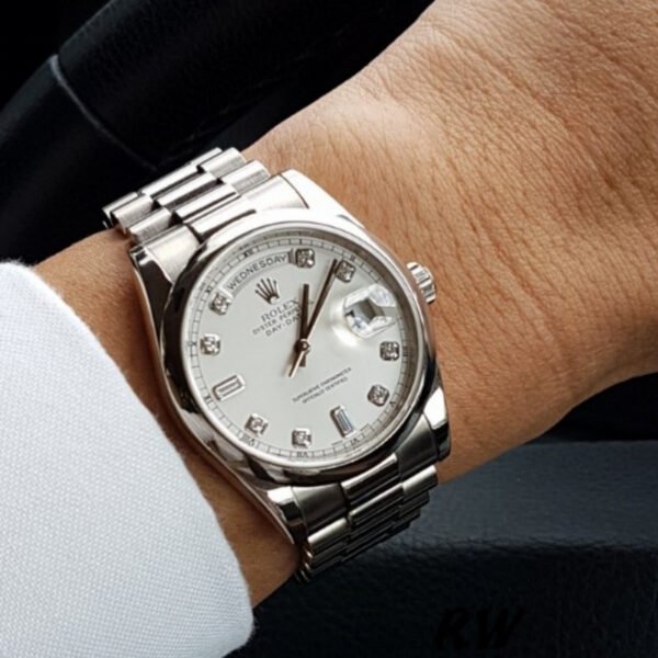 Rolex Day-Date 118209 White Gold Silver Diamond Dial Automatic 36mm Unisex Replica Watch - Image 2