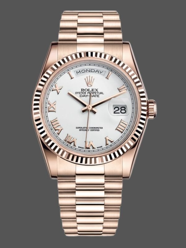 Rolex Day-Date 118235 White Dial Fluted Bezel 36mm Unisex Replica Watch - Image 1
