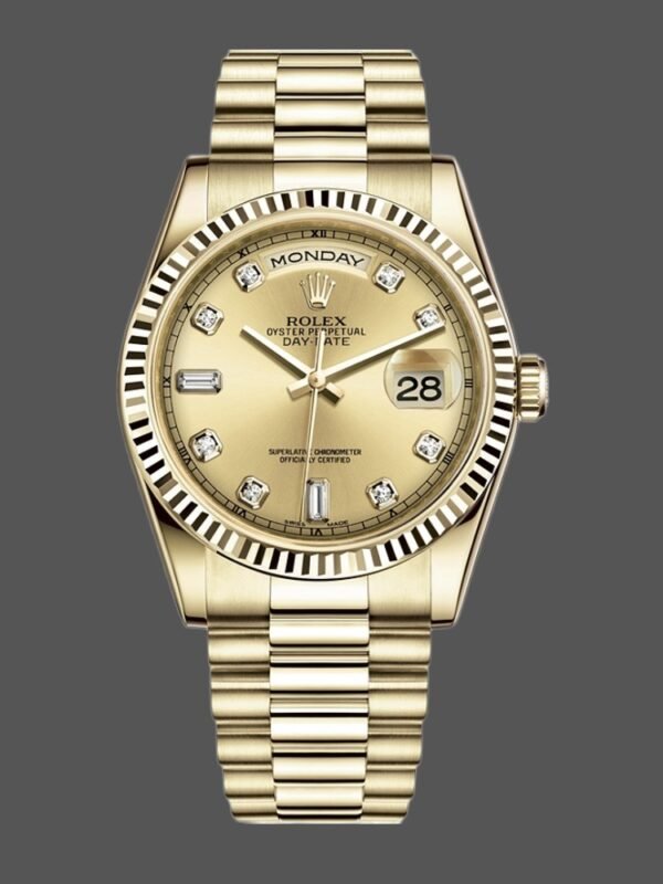 Rolex Day-Date 118238 Yellow Gold Diamond Champagne Dial 36mm Unisex Replica Watch - Image 1