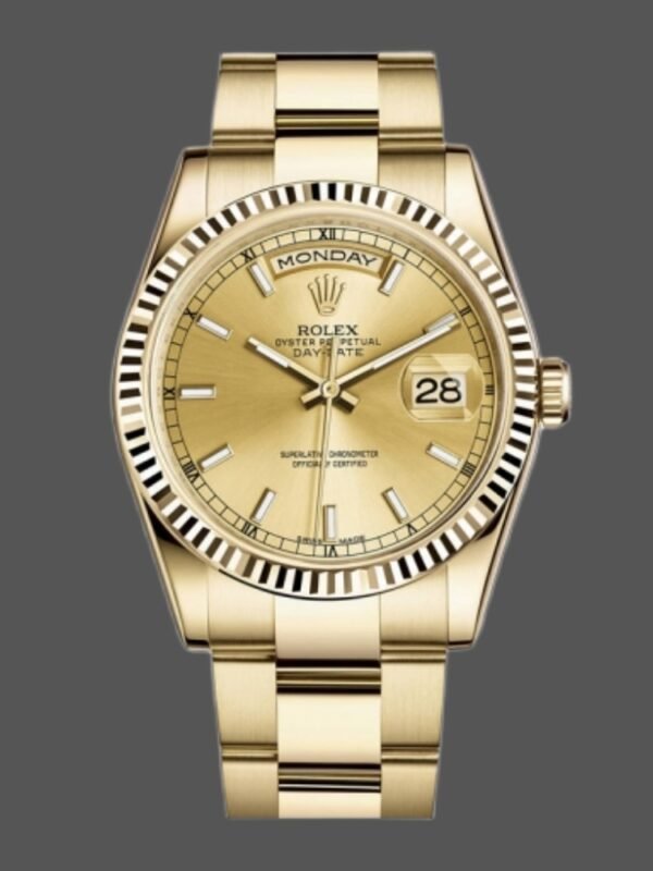 Rolex Day-Date 118238 Yellow Gold Fluted Bezel Champagne Dial 36mm Unisex Replica Watch - Image 1