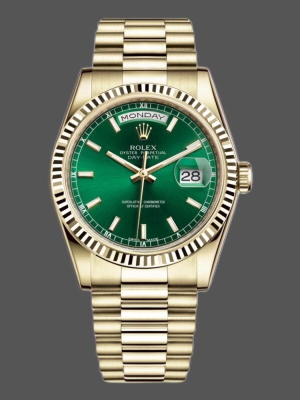 Rolex Day-Date 118238 Yellow Gold Fluted Bezel Green Dial 36mm Unisex Replica Watch - Image 1