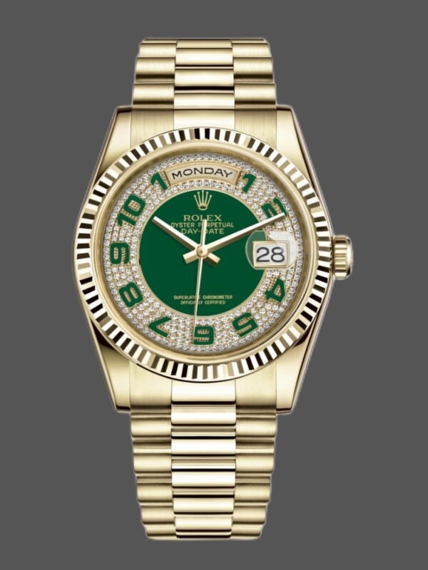 Rolex Day-Date 118238 Yellow Gold Green Diamond Pave Dial 36mm Unisex Replica Watch - Image 1