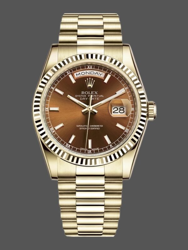 Rolex Day-Date 118238 Yellow Gold Index Cognac Dial 36mm Unisex Replica Watch - Image 1