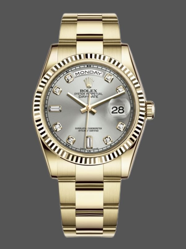 Rolex Day-Date 118238 Yellow Gold Silver Diamond Dial 36mm Unisex Replica Watch - Image 1