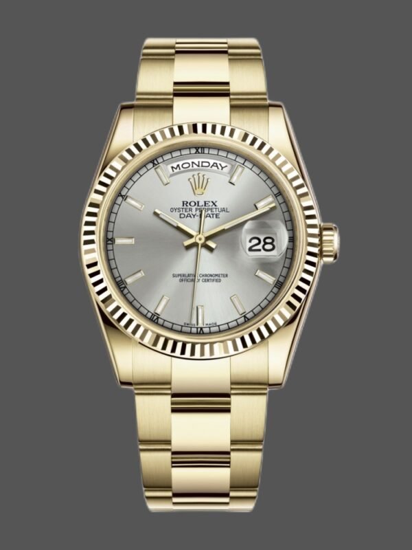 Rolex Day-Date 118238 Yellow Gold Silver dial Fluted Bezel 36mm Unisex Replica Watch - Image 1