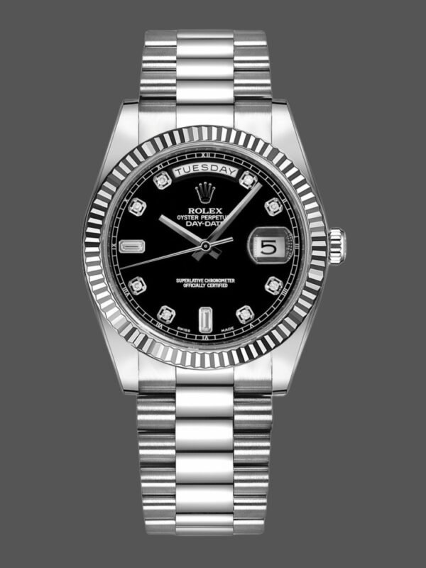 Rolex Day-Date 118239 Black Diamonds Dial Fluted Bezel 36mm Unisex Replica Watch - Image 1