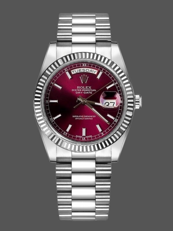 Rolex Day-Date 118239 Cherry Red Dial Fluted Bezel 36mm Lady Replica Watch - Image 1