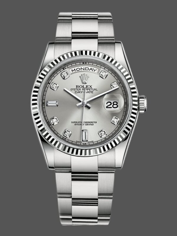Rolex Day-Date 118239 Silver Diamond Dial fluted bezel 36mm Unisex Replica Watch - Image 1