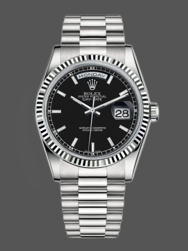 Rolex Day-Date 118239 White Gold Black Dial Fluted Bezel 36mm Unisex Replica Watch - Image 1