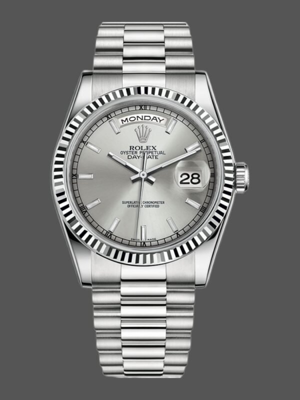 Rolex Day-Date 118239 White Gold Silver dial Fluted Bezel 36mm Unisex Replica Watch - Image 1