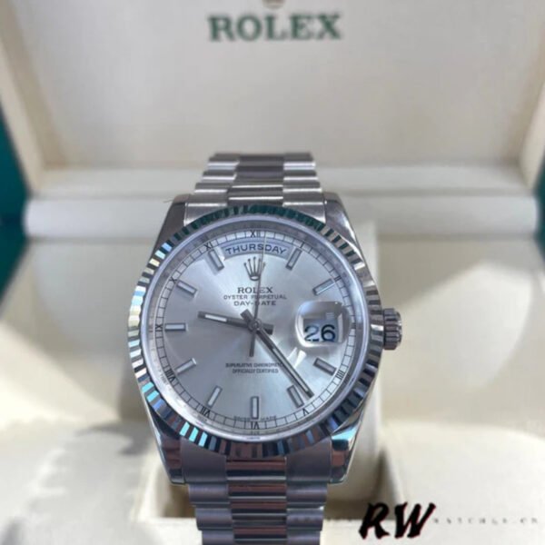 Rolex Day-Date 118239 White Gold Silver dial Fluted Bezel 36mm Unisex Replica Watch - Image 2