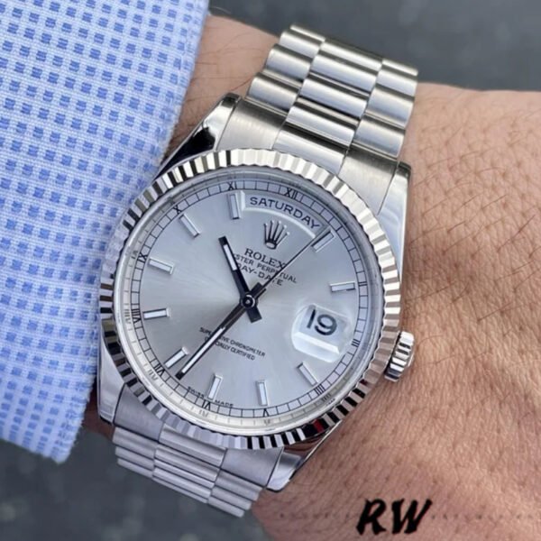 Rolex Day-Date 118239 White Gold White Dial Fluted Bezel 36mm Unisex Replica Watch - Image 2