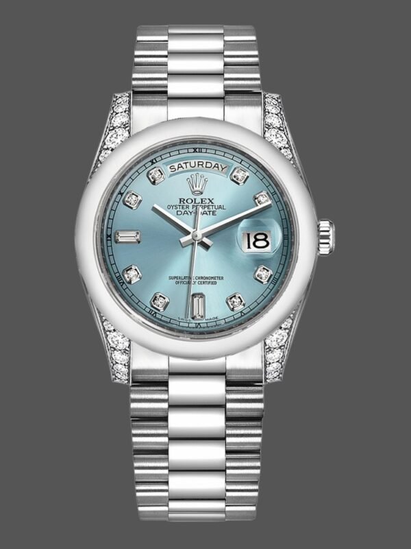 Rolex Day-Date 118296 Platinum Ice Blue Dial Diamond 36mm Unisex Replica Watch - Image 1