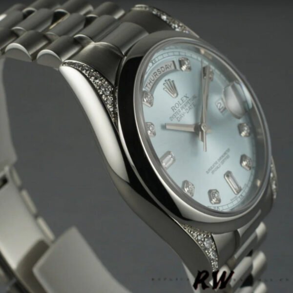 Rolex Day-Date 118296 Platinum Ice Blue Dial Diamond 36mm Unisex Replica Watch - Image 2