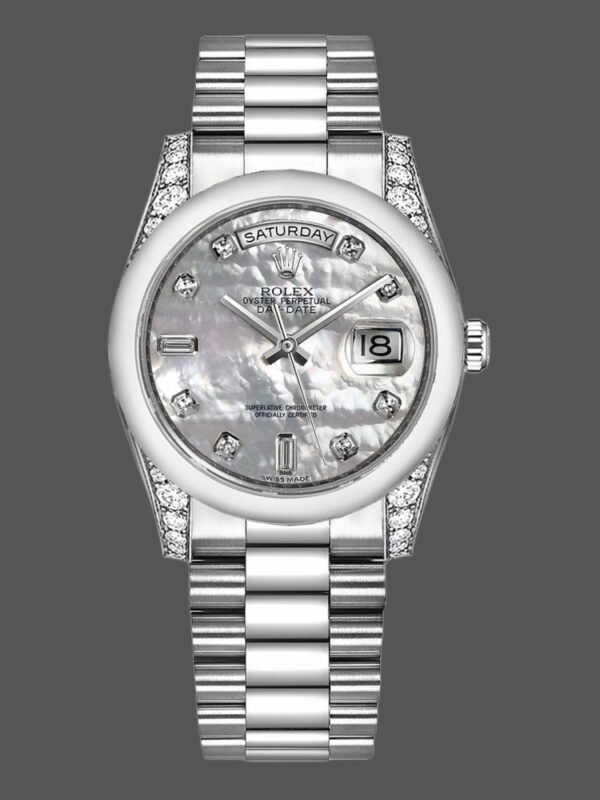 Rolex Day-Date 118296 Platinum MOP White Dial Diamond 36mm Unisex Replica Watch - Image 1