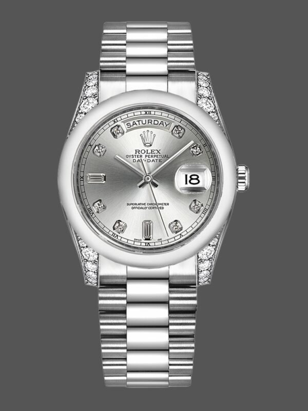 Rolex Day-Date 118296 Platinum Silver Dial Diamond 36mm Unisex Replica Watch - Image 1