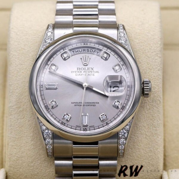 Rolex Day-Date 118296 Platinum Silver Dial Diamond 36mm Unisex Replica Watch - Image 2
