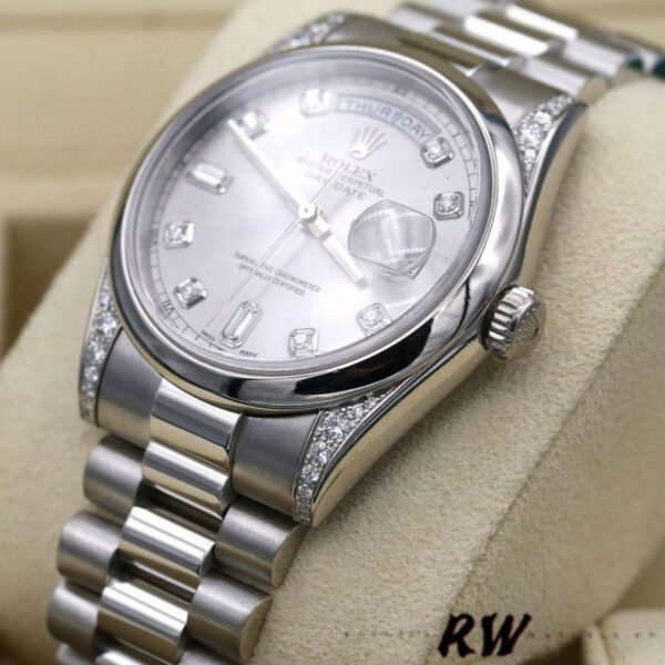Rolex Day-Date 118296 Platinum Silver Dial Diamond 36mm Unisex Replica Watch - Image 3