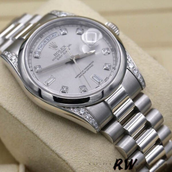 Rolex Day-Date 118296 Platinum Silver Dial Diamond 36mm Unisex Replica Watch - Image 4