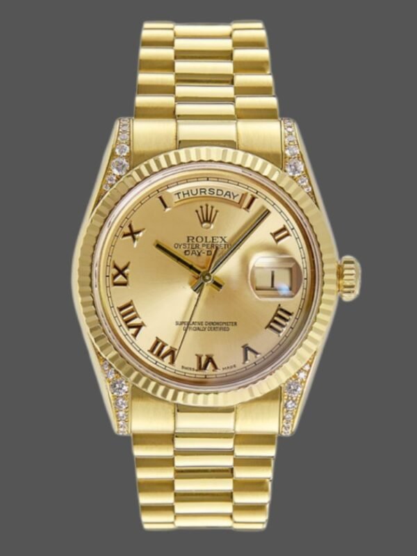 Rolex Day-Date 118338 Champagne Roman Dial Diamond Bezel 36MM Unisex Replica Watch - Image 1