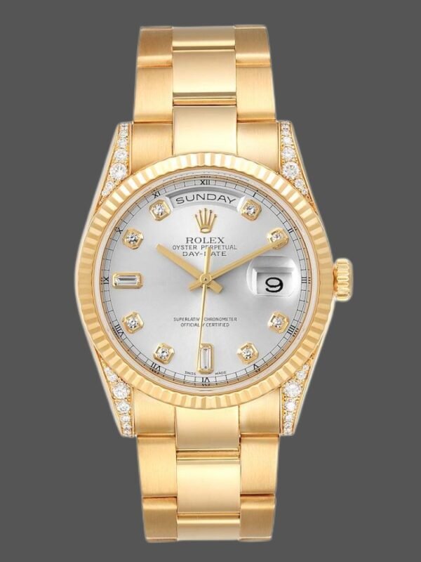Rolex Day-Date 118338 Yellow gold Silver Diamond dial 36mm Unisex Replica Watch - Image 1