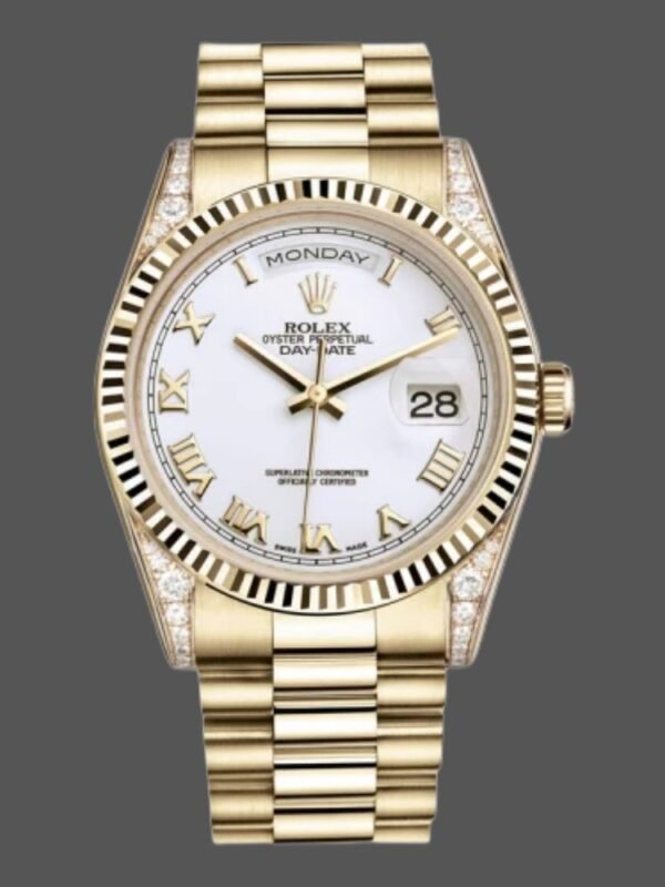 Rolex Day-Date 118338 Yellow gold White Roman Dial 36mm Unisex Replica Watch - Image 1