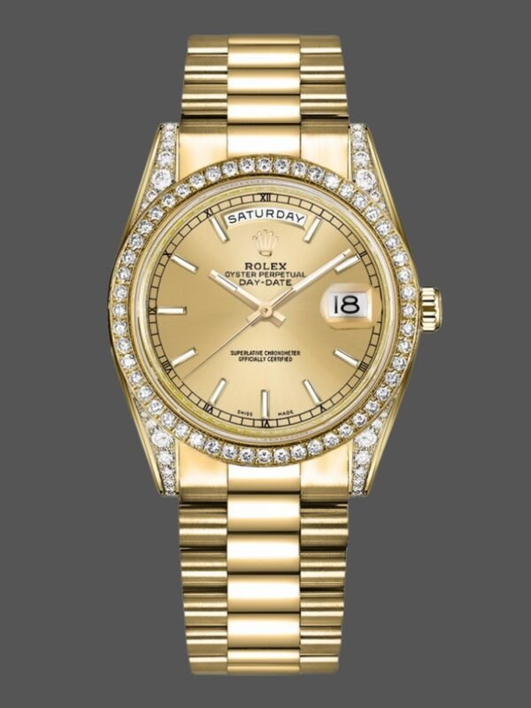Rolex Day-Date 118388 Diamond Bezel Champagne Index Dial 36MM Unisex Replica Watch - Image 1