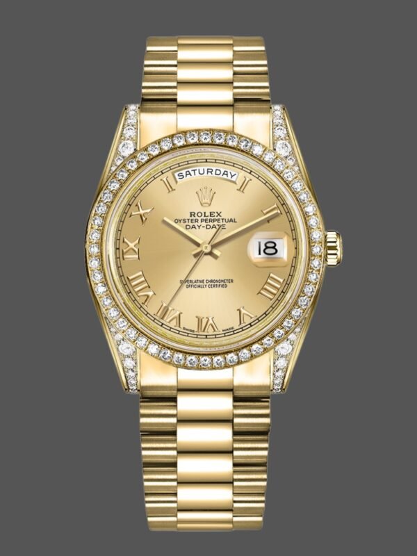 Rolex Day-Date 118388 Diamond Bezel Champagne Roman Numeral Dial 36MM Unisex Replica Watch - Image 1