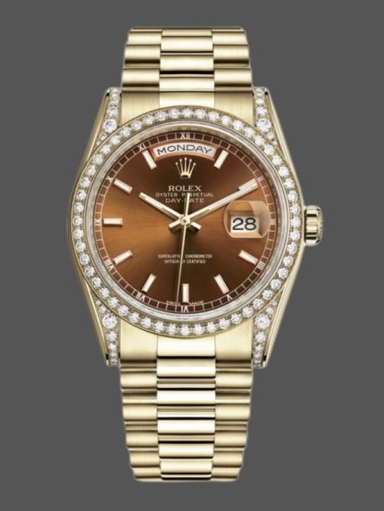 Rolex Day-Date 118388 Diamond Bezel Chocolate Brown Dial 36MM Unisex Replica Watch