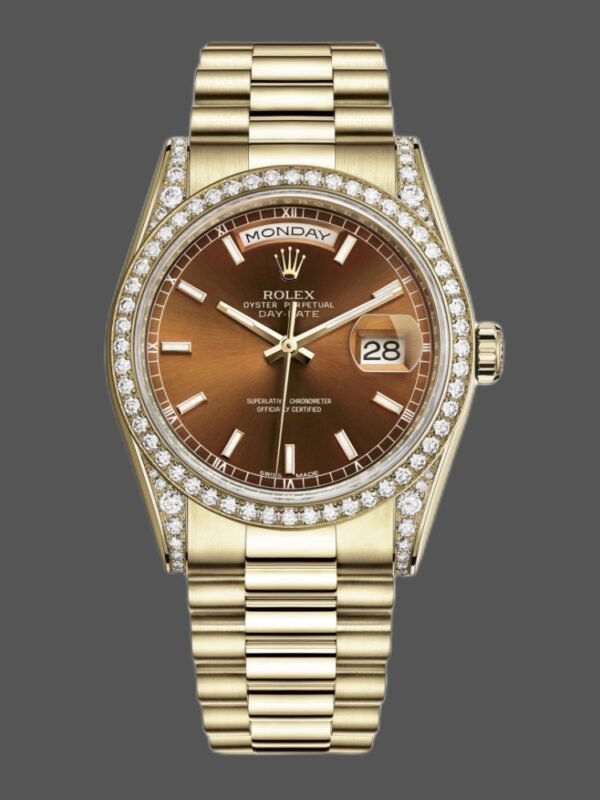 Rolex Day-Date 118388 Diamond Bezel Chocolate Brown Dial 36MM Unisex Replica Watch - Image 1