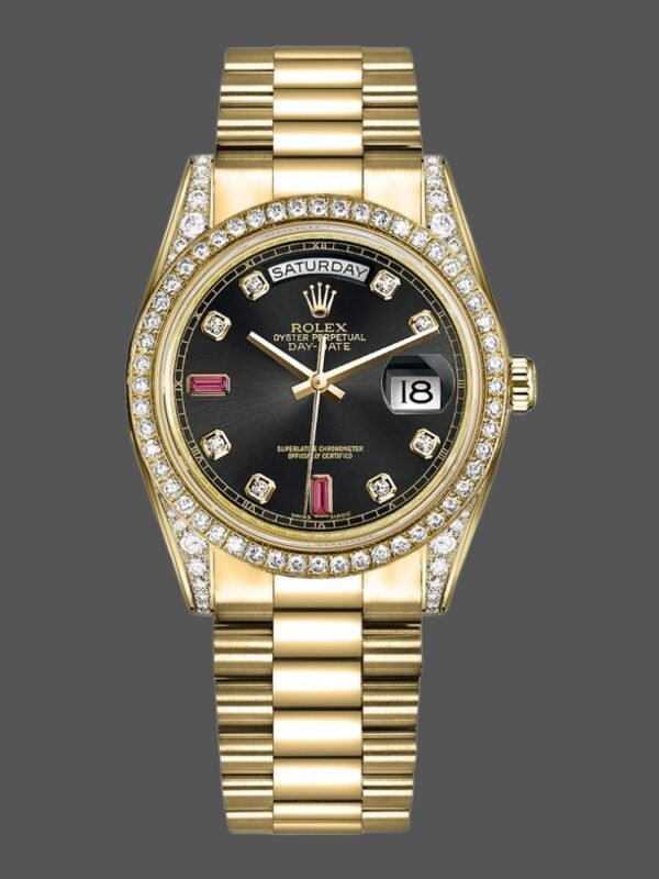 Rolex Day-Date 118388 Yellow Gold Black Diamond Rubies Dial 36mm Unisex Replica Watch - Image 1