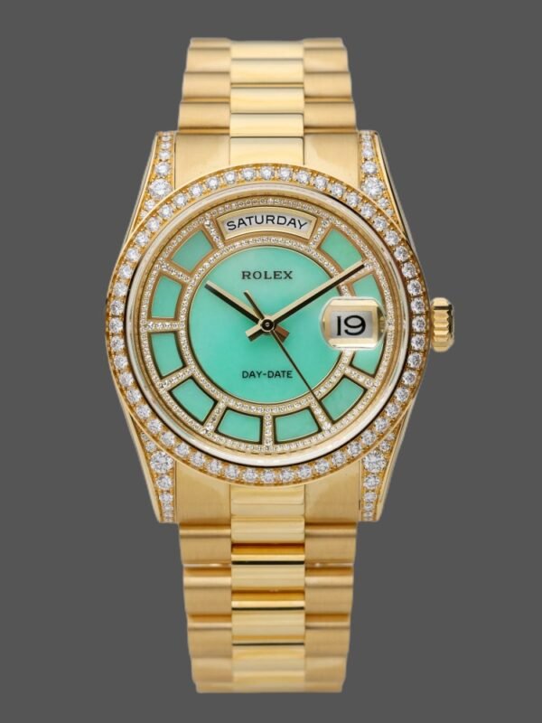 Rolex Day-Date 118388 Yellow Gold Green Diamond Diamond Dial 36MM Unisex Replica Watch - Image 1