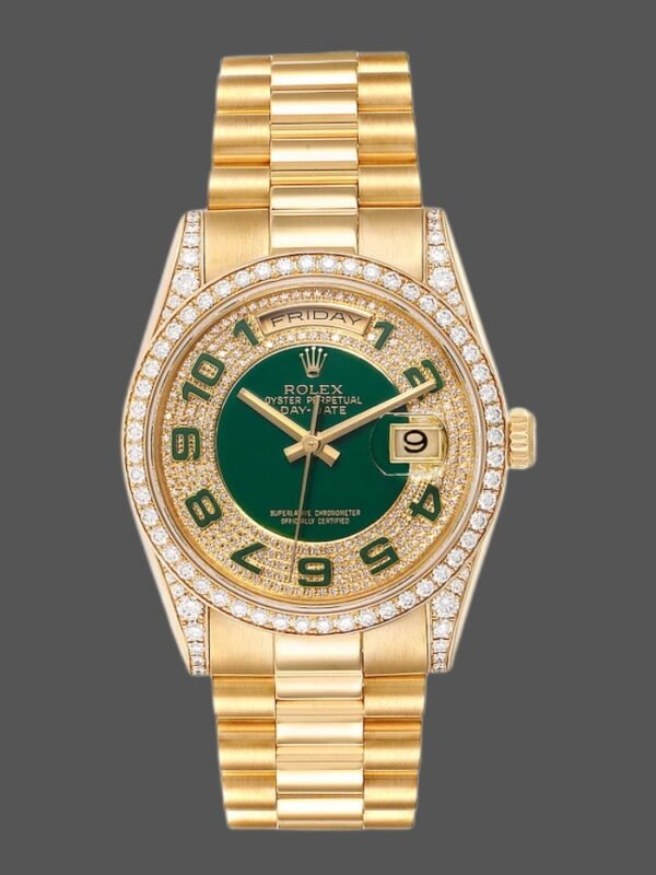Rolex Day-Date 118388 Yellow Gold Green Enamel Diamond Dial 36MM Unisex Replica Watch - Image 1